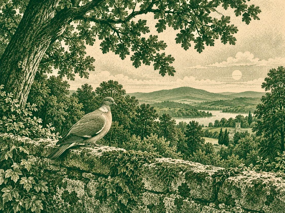 An engraving of a wood pigeon on a mossy stone wall, looking out over a village church, a lake and hills.